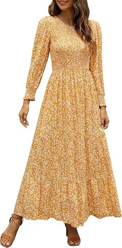 Annebouti Women's 2024 Spring Summer Casual Long Sleeve Maxi Dress Boho Floral Smocked A-Line Modest Long Dresses in Saudi Arabia