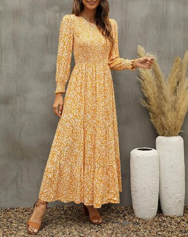 Annebouti Women's 2024 Spring Summer Casual Long Sleeve Maxi Dress Boho Floral Smocked A-Line Modest Long Dresses in Saudi Arabia