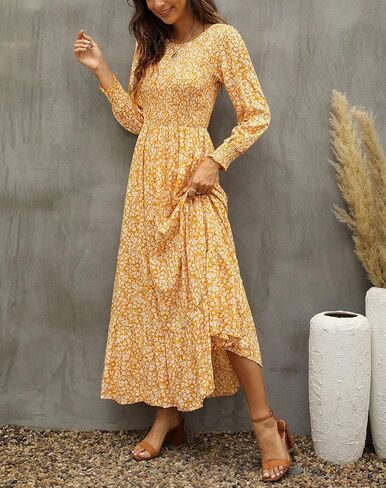 Annebouti Women's 2024 Spring Summer Casual Long Sleeve Maxi Dress Boho Floral Smocked A-Line Modest Long Dresses in Saudi Arabia