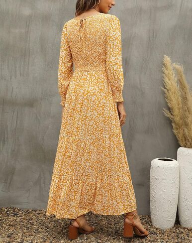 Annebouti Women's 2024 Spring Summer Casual Long Sleeve Maxi Dress Boho Floral Smocked A-Line Modest Long Dresses in Saudi Arabia