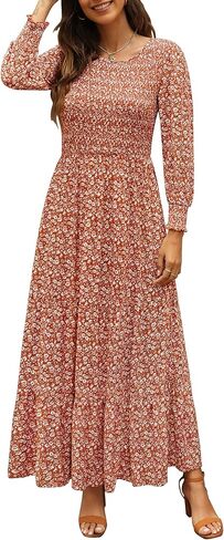 Annebouti Women's 2024 Spring Summer Casual Long Sleeve Maxi Dress Boho Floral Smocked A-Line Modest Long Dresses in Saudi Arabia