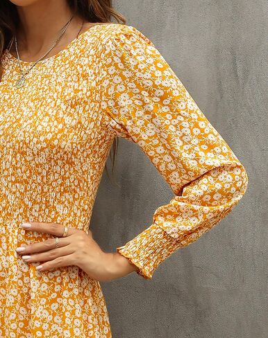 Annebouti Women's 2024 Spring Summer Casual Long Sleeve Maxi Dress Boho Floral Smocked A-Line Modest Long Dresses in Saudi Arabia