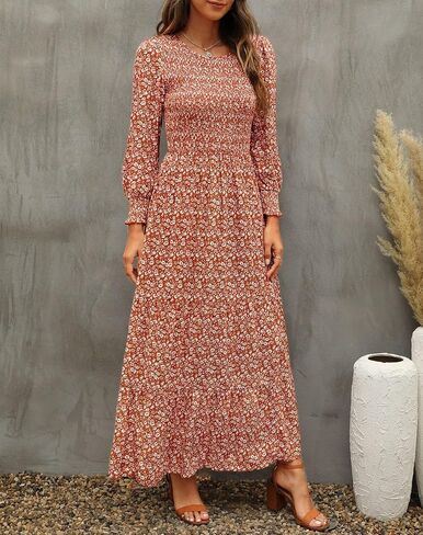 Annebouti Women's 2024 Spring Summer Casual Long Sleeve Maxi Dress Boho Floral Smocked A-Line Modest Long Dresses in Saudi Arabia