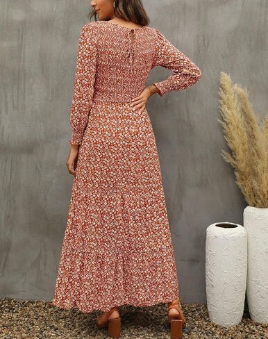 Annebouti Women's 2024 Spring Summer Casual Long Sleeve Maxi Dress Boho Floral Smocked A-Line Modest Long Dresses in Saudi Arabia
