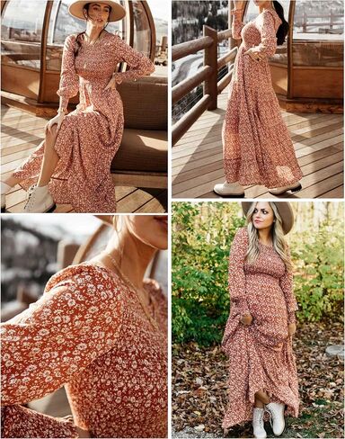 Annebouti Women's 2024 Spring Summer Casual Long Sleeve Maxi Dress Boho Floral Smocked A-Line Modest Long Dresses in Saudi Arabia