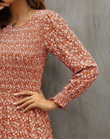 Annebouti Women's 2024 Spring Summer Casual Long Sleeve Maxi Dress Boho Floral Smocked A-Line Modest Long Dresses in Saudi Arabia