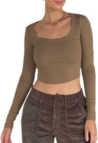 Women Low Cut Crop Shirt Long Sleeve Fitted Knit Tshirts Top Cutout Cropped Square Neck Tee Blouse Retro Streetwear in Saudi Arabia
