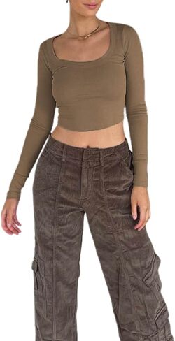 Women Low Cut Crop Shirt Long Sleeve Fitted Knit Tshirts Top Cutout Cropped Square Neck Tee Blouse Retro Streetwear in Saudi Arabia