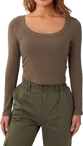 Women Low Cut Crop Shirt Long Sleeve Fitted Knit Tshirts Top Cutout Cropped Square Neck Tee Blouse Retro Streetwear in Saudi Arabia