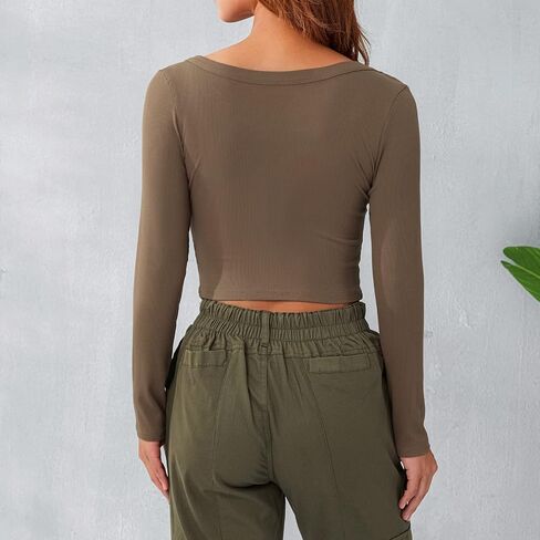 Women Low Cut Crop Shirt Long Sleeve Fitted Knit Tshirts Top Cutout Cropped Square Neck Tee Blouse Retro Streetwear in Saudi Arabia