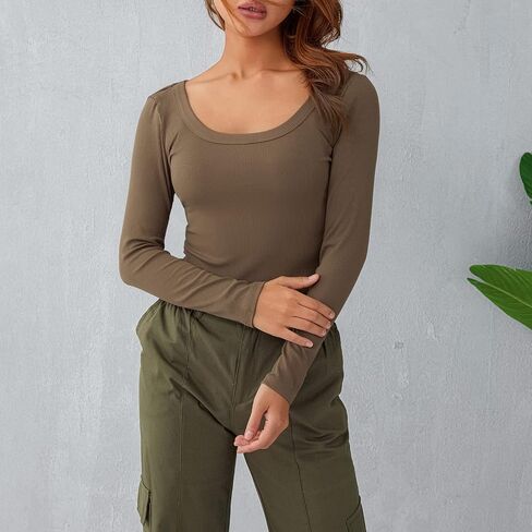 Women Low Cut Crop Shirt Long Sleeve Fitted Knit Tshirts Top Cutout Cropped Square Neck Tee Blouse Retro Streetwear in Saudi Arabia
