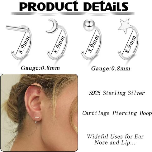 dochais 925 الفضة الاسترليني هوب الأقراط للنساء هوجي نصف الأطواق الأقراط الكرة، بار، نجمة، القمر هوجي هوب الأقراط الصغيرة هيبوالرجينيك الأقراط الصغيرة نصف الأطواق الغضروف ثقب الأقراط in Kuwait