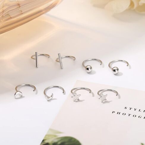 dochais 925 الفضة الاسترليني هوب الأقراط للنساء هوجي نصف الأطواق الأقراط الكرة، بار، نجمة، القمر هوجي هوب الأقراط الصغيرة هيبوالرجينيك الأقراط الصغيرة نصف الأطواق الغضروف ثقب الأقراط in Kuwait