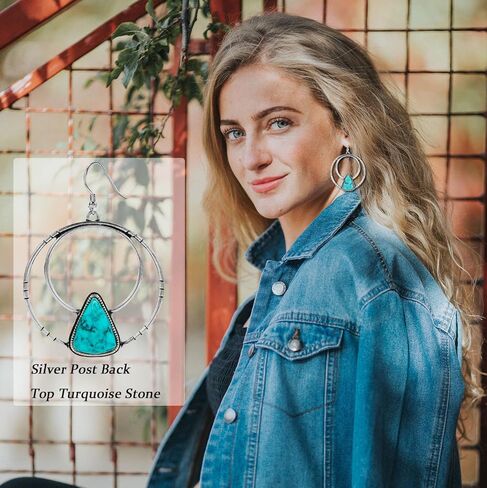 اقراط بتصميم غربي تركواز للنساء مقاس 1.8 انش، اقراط حلقية بوهو كبيرة لا تسبب الحساسية، مقاس M، نحاسي، تركواز, النحاس, تركواز in Kuwait