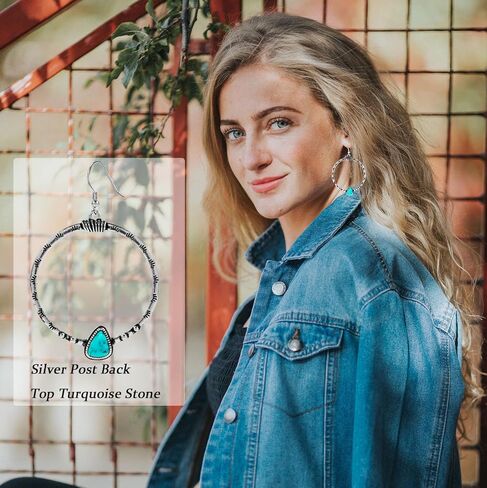 اقراط بتصميم غربي تركواز للنساء مقاس 1.8 انش، اقراط حلقية بوهو كبيرة لا تسبب الحساسية، مقاس M، نحاسي، تركواز, النحاس, تركواز in Kuwait