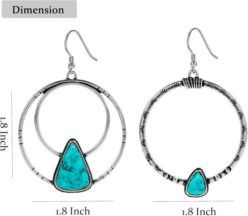 اقراط بتصميم غربي تركواز للنساء مقاس 1.8 انش، اقراط حلقية بوهو كبيرة لا تسبب الحساسية، مقاس M، نحاسي، تركواز, النحاس, تركواز in Kuwait