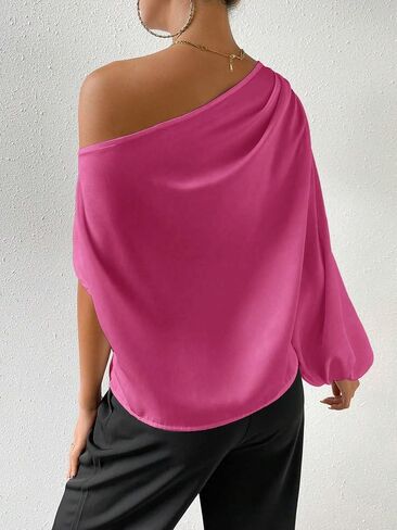 OYOANGLE Women's Asymmetrical Neck Long Lantern Sleeve Ruched Blouse Work Office Top in Saudi Arabia