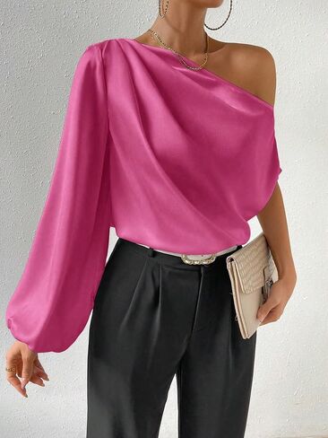 OYOANGLE Women's Asymmetrical Neck Long Lantern Sleeve Ruched Blouse Work Office Top in Saudi Arabia