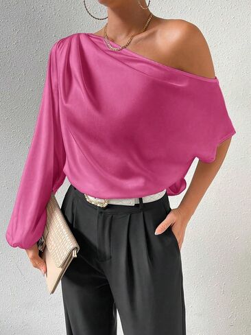 OYOANGLE Women's Asymmetrical Neck Long Lantern Sleeve Ruched Blouse Work Office Top in Saudi Arabia