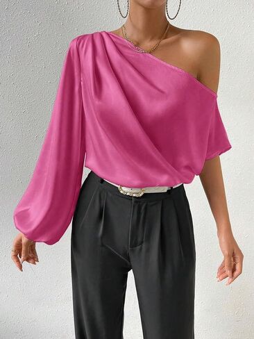 OYOANGLE Women's Asymmetrical Neck Long Lantern Sleeve Ruched Blouse Work Office Top in Saudi Arabia