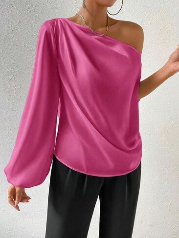 OYOANGLE Women's Asymmetrical Neck Long Lantern Sleeve Ruched Blouse Work Office Top in Saudi Arabia