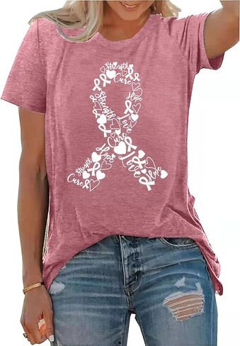 Pink Ribbon Shirts for Women Breast Cancer Awareness T-Shirt Inspirational Breast Cancer Short Sleeve Blouse Tops in Kuwait
