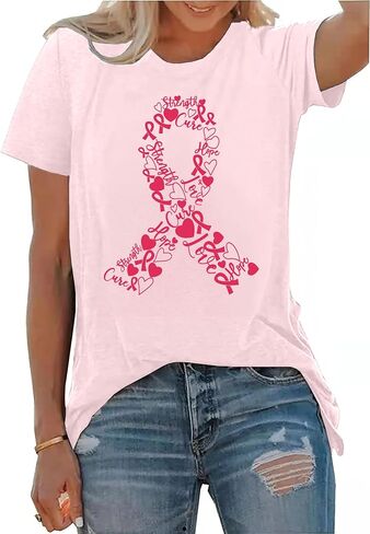 Pink Ribbon Shirts for Women Breast Cancer Awareness T-Shirt Inspirational Breast Cancer Short Sleeve Blouse Tops in Kuwait