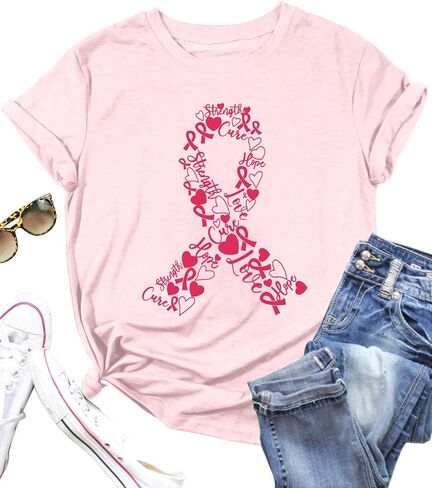 Pink Ribbon Shirts for Women Breast Cancer Awareness T-Shirt Inspirational Breast Cancer Short Sleeve Blouse Tops in Kuwait