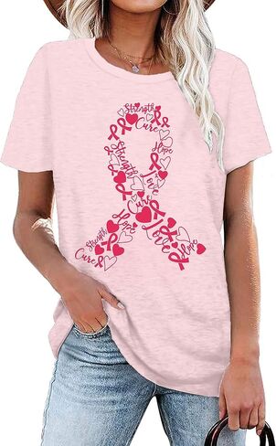 Pink Ribbon Shirts for Women Breast Cancer Awareness T-Shirt Inspirational Breast Cancer Short Sleeve Blouse Tops in Kuwait