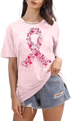 Pink Ribbon Shirts for Women Breast Cancer Awareness T-Shirt Inspirational Breast Cancer Short Sleeve Blouse Tops in Kuwait