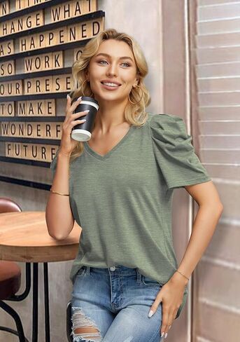 JINKESI Women's Summer V Neck Tshirts Casual Puff Sleeve Tops Shirts in Kuwait
