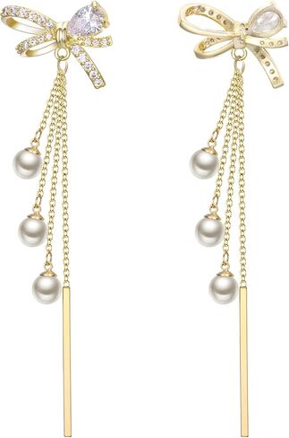 EleQueen Women's Silver-tone Crystal Simulated Pearl 4 Chain Bridal Long Dangle Hook Earrings Ivory Color in Saudi Arabia
