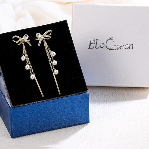 EleQueen Women's Silver-tone Crystal Simulated Pearl 4 Chain Bridal Long Dangle Hook Earrings Ivory Color in Saudi Arabia
