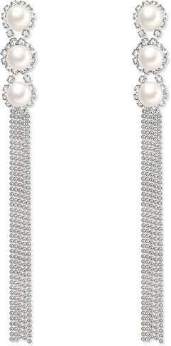 EleQueen Women's Silver-tone Crystal Simulated Pearl 4 Chain Bridal Long Dangle Hook Earrings Ivory Color in Saudi Arabia