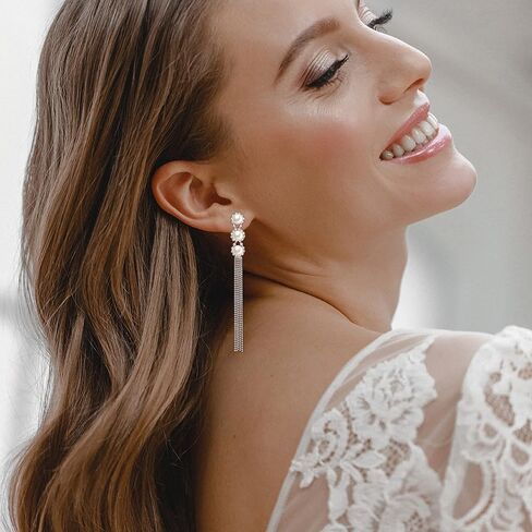 EleQueen Women's Silver-tone Crystal Simulated Pearl 4 Chain Bridal Long Dangle Hook Earrings Ivory Color in Saudi Arabia