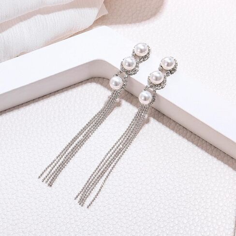 EleQueen Women's Silver-tone Crystal Simulated Pearl 4 Chain Bridal Long Dangle Hook Earrings Ivory Color in Saudi Arabia