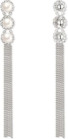 EleQueen Women's Silver-tone Crystal Simulated Pearl 4 Chain Bridal Long Dangle Hook Earrings Ivory Color in Saudi Arabia