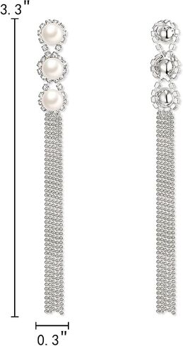 EleQueen Women's Silver-tone Crystal Simulated Pearl 4 Chain Bridal Long Dangle Hook Earrings Ivory Color in Saudi Arabia