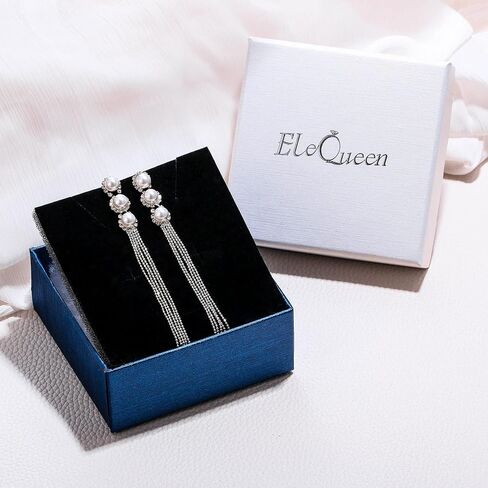 EleQueen Women's Silver-tone Crystal Simulated Pearl 4 Chain Bridal Long Dangle Hook Earrings Ivory Color in Saudi Arabia