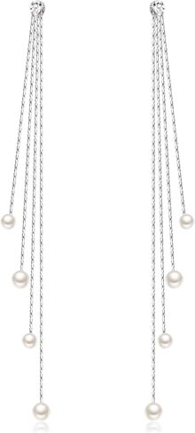 EleQueen Women's Silver-tone Crystal Simulated Pearl 4 Chain Bridal Long Dangle Hook Earrings Ivory Color in Saudi Arabia