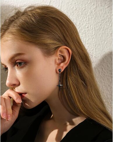 Punk Minimalist Unique Asymmetric Long Stainless Steel chain Cross Dangle Drop Earrings for Women Girls Statement Hypoallergenic Geometry Jewelry Gifts in Saudi Arabia