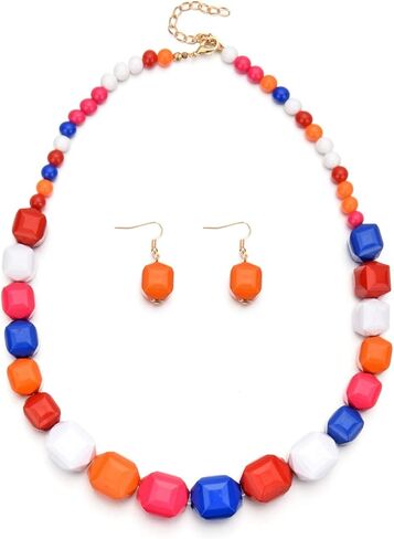 Pingyongchang Multicolor Chunky Acrylic Beads Necklace Earring Statement Strand Jewelry set Wilma Necklaces Dangle Earrings Strand Collars Drop Earring Costume Jewelry Beaded Chains for Women Girls in Saudi Arabia