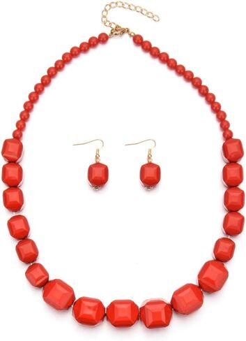 Pingyongchang Multicolor Chunky Acrylic Beads Necklace Earring Statement Strand Jewelry set Wilma Necklaces Dangle Earrings Strand Collars Drop Earring Costume Jewelry Beaded Chains for Women Girls in Saudi Arabia