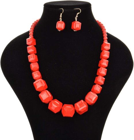 Pingyongchang Multicolor Chunky Acrylic Beads Necklace Earring Statement Strand Jewelry set Wilma Necklaces Dangle Earrings Strand Collars Drop Earring Costume Jewelry Beaded Chains for Women Girls in Saudi Arabia