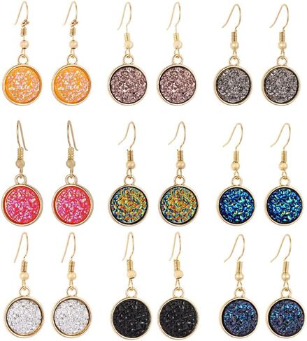 XINBOO 9 Pairs Round Druzy Dangle Earrings for Women Girls 12mm Round Resin Cluster Stud Earrings Set Stainless Steel Pierced Gold in Saudi Arabia