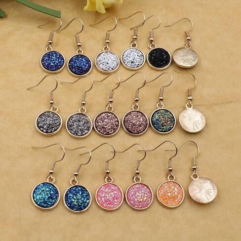 XINBOO 9 Pairs Round Druzy Dangle Earrings for Women Girls 12mm Round Resin Cluster Stud Earrings Set Stainless Steel Pierced Gold in Saudi Arabia