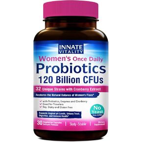 Innate Vitality Women’s Probiotics, 100 Billion CFUs 18 Strains, with Cranberry, Vitamin C & B6, Feminine Health, No Refrigeration Required, Acid Resistant, 60 Caps