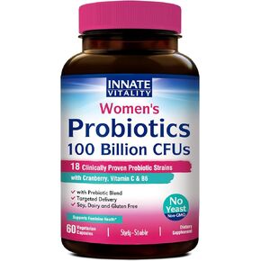 Innate Vitality Women’s Probiotics، 100 مليار CFUs 18 سلالات، مع التوت البري، فيتامين C وB6، الصحة الأنثوية، لا يتطلب تبريد، مقاوم للأحماض، 60 كبسولة