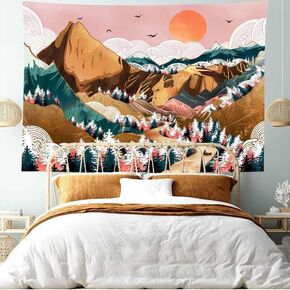 Tgmbmttp Mountain Forest Tapestry,80 * 60Inches, Sun and Soaring Cloud Tapestry, Pink Green White Tree Aesthetic Tapestry, Nature Landscape Tapestry Wall Hanging for Bedroom Home Decor