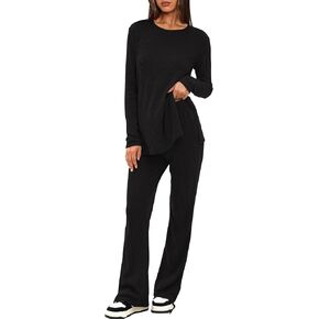 Darong Womens 2 Piece Pajamas Sets Ribbed Knit Lounge Sets Long Sleeve Top and Pants 2024 Fall Matching Outfits